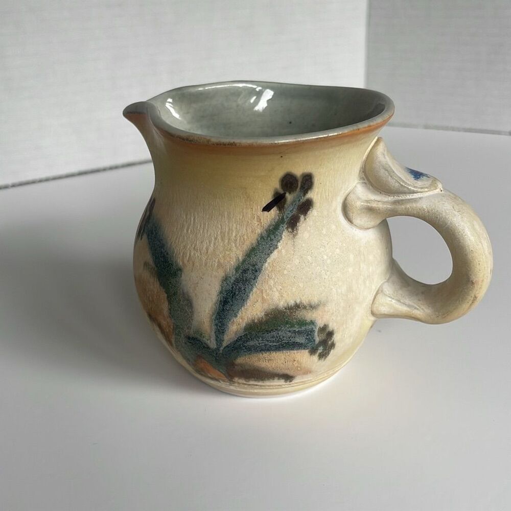 Vintage Mhyren Pottery Pitcher Blue Iris Flower Design Salt Glaze Signed - Picture 6 of 6